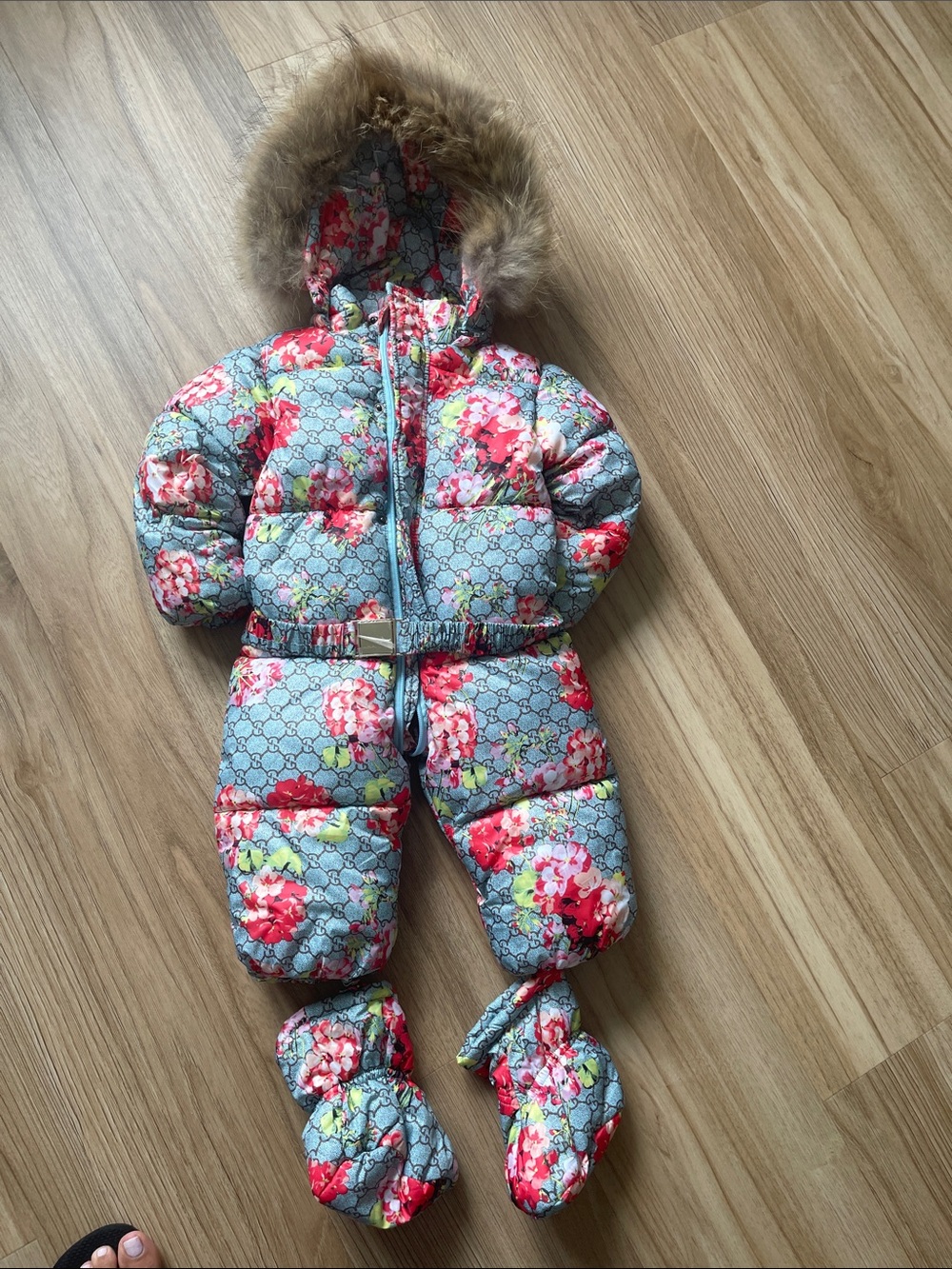 Gucci Light Blue Floral Puffer Snowsuit with Fur Trim -Autentic !